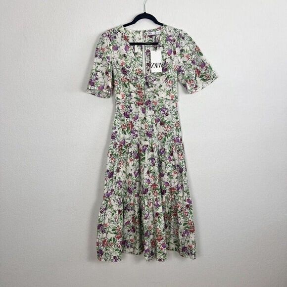 ZARA NWT Ivory Cream Floral Tiered Midi Dress Botanical Front Knot Size Small - Picture 2 of 12